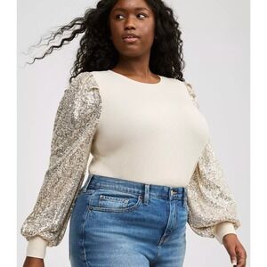 Torrid Sequin Sleeve Top 2 Plus Size Glam Beige Ribbed Knit Sparkle Puff Sleeve